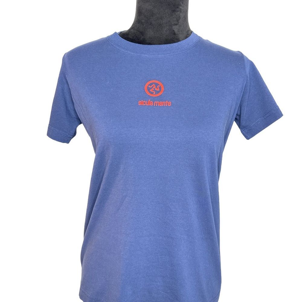 Sicula Mente Men’s Italian Designer Blue T-Shirt with Red Logo Size XS